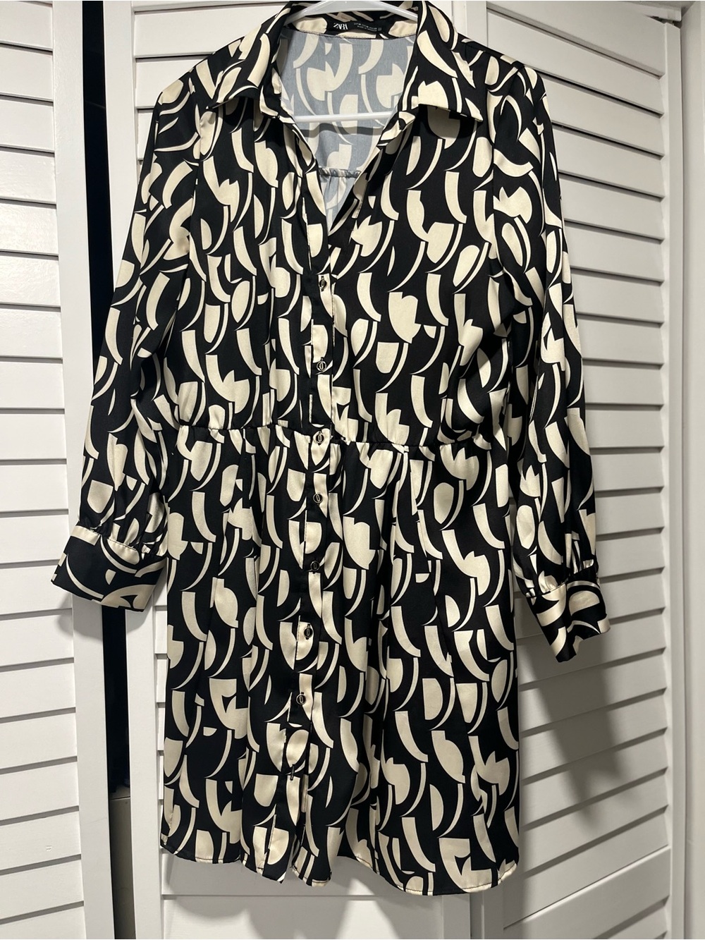 Zara Black & Cream Patterned Button-Front Shirt Dress